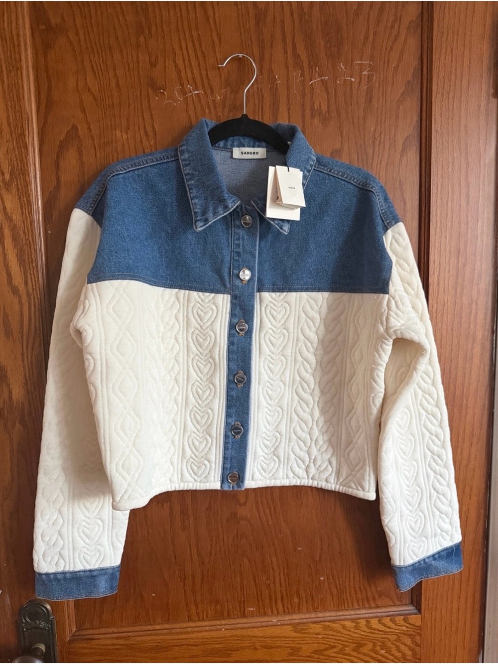 Sandro Two-Tone Denim & Cream Cable-Knit Cropped Sweater - Never wear